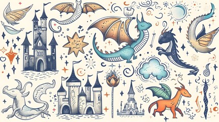 Enchanting Doodle Compilation of Fantasy and Magical Elements with Wands Fairies Dragons and Castles Generative ai