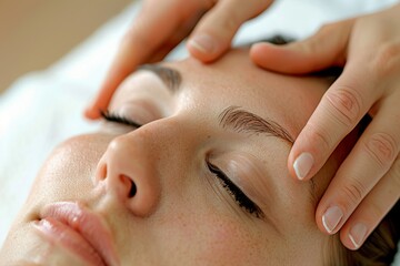 Close-up of a facial massage, focusing on delicate pressure around the eyes and temples, promoting lymphatic drainage