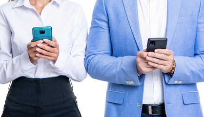 businessman reading message on phone from office colleague isolated on white