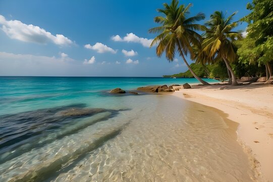Jamaica Island has a lovely beach with palm trees and a blue water.
