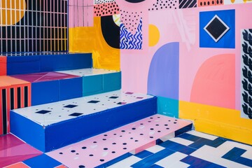 Abstract geometric pattern, playful shapes, primary colors, childlike wonder