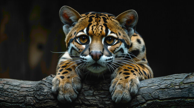 closeup of a Margay sitting calmly, hyperrealistic animal photography, copy space for writing