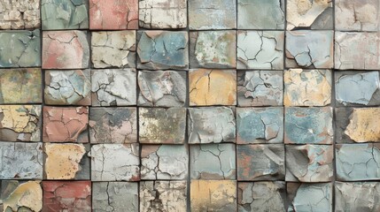 Mosaic tile pattern, muted colors, chipped and weathered effect