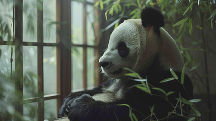 closeup of a Panda sitting calmly, hyperrealistic animal photography, copy space