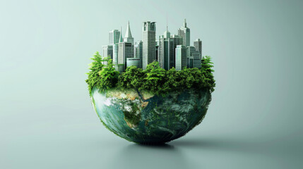 A 3D Digital, sustainable, green cityscape emerging from half an earth globe, with a clean background - obrazy, fototapety, plakaty