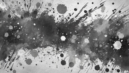 Black with gray paint splatter effect texture on white paper background. Artistic backdrop. Different paint drops.