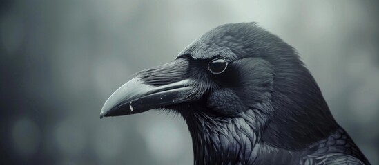 A large black avian with a lengthy pointed beak and dark feathers perched gracefully - obrazy, fototapety, plakaty
