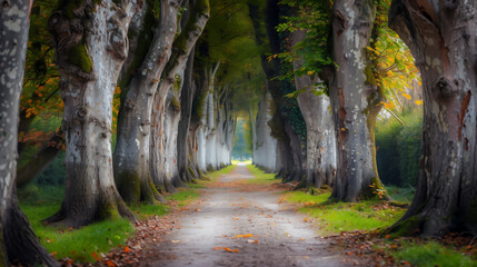 大きな木に挟まれた静かな一本道。