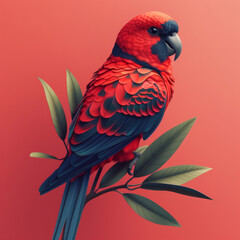 Digital art of a vivid red parrot perched gracefully on a green leaf, against a coral background.