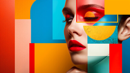 Stylish colorful collage with beautiful woman face and abstract geometric shapes on bright background, creative makeup design concept, fashion magazine cover poster - obrazy, fototapety, plakaty