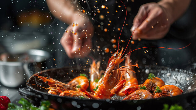 Chef cooking with Tiger prawn on dark background