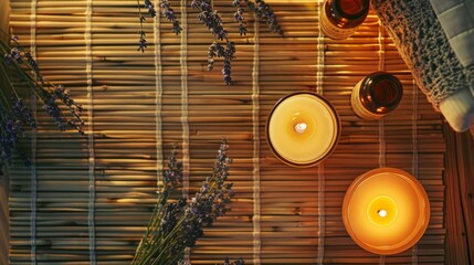 Top-view shot of a bamboo mat with a collection of apothecary-style bottles, dried lavender, and a single lit candle - Powered by Adobe