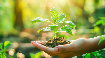 Hand holding young plant seedling in nature background, morning sunlight, concept of environment protection or world earth day