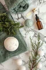Fototapeta na wymiar Top-view shot of a spa setting on a natural stone surface: bath bombs, rolled towels, essential oil dropper, and sprigs of green herbs