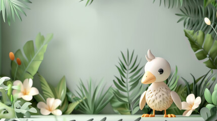 Cute cartoon duckling surrounded by lush tropical leaves and flowers, with a serene expression. - obrazy, fototapety, plakaty