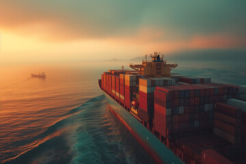 Cargo ship carrying container box to import and export over the sea.	

