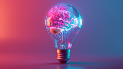 Conceptual art piece featuring a neon pink and blue brain inside a light bulb on a gradient background.