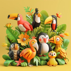 A vibrant collection of stylized, cartoon-like tropical birds amidst lush greenery and flowers, exuding a playful and exotic atmosphere.