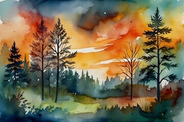 A watercolor abstract background including fire in the sky and forest. Burns Night abstract background