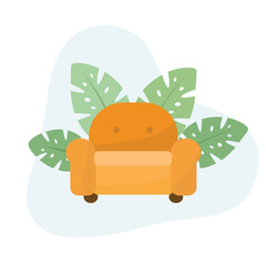 Chair couch flat vector Illustration Icon decorated with leaves for web use for couch, interior design, reclining, relax, seat, sofa.