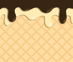 Melting chocolate and vanilla ice cream on wafer background 
