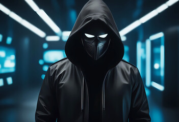 Cybercriminal in a black jacket with a hood on a blue background