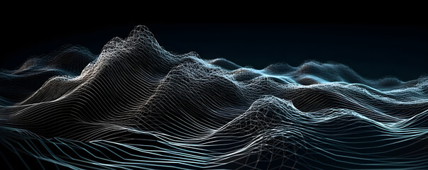 A realistic depiction of a wave formed by interwoven dots and lines, tailored for a desktop wallpaper. Meticulous attention to detail ensures a lifelike portrayal of element interaction. - obrazy, fototapety, plakaty
