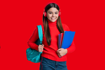 Knowledge day. Concept education. Teen girl student isolated red. September 1. High school...