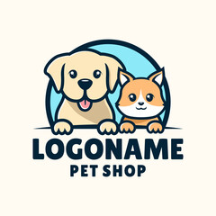 Pet shop logo template, cute dog and cat vector illustration