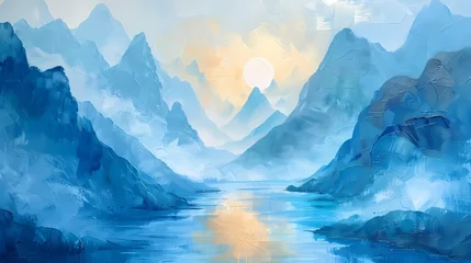 Schilderijen op glas Digital art gold blues sunrise landscape painting poster background © jinzhen