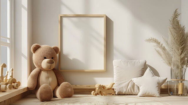 children room decoration with blank frame. generative ai