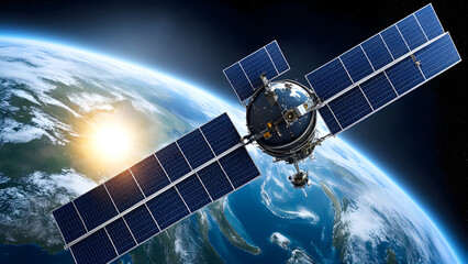 A communication satellite in outer space of the earth, technology business background - Powered by Adobe
