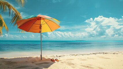 Beach umbrella on a sunny day, sea in background with generative ai