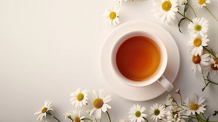 Top view of chamomile tea in a white mug with natural small chamomile flowers on white table. generative ai