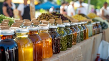 Fototapeta premium A vibrant street market filled with a variety of homemade organic biofuels from algaebased to vegetable oilbased capturing the innovation and entrepreneurial spirit of individuals .