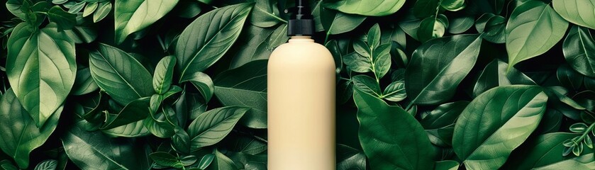 Organic shampoo presentation, devoid of chemicals, minimalist design, bottle amidst lush greens, soft focus background, high angle - obrazy, fototapety, plakaty