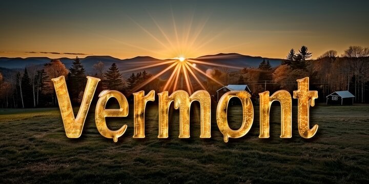 Striking Vermont sign with sunrise over mountainous horizon for inspiring travel destinations and natural beauty photography