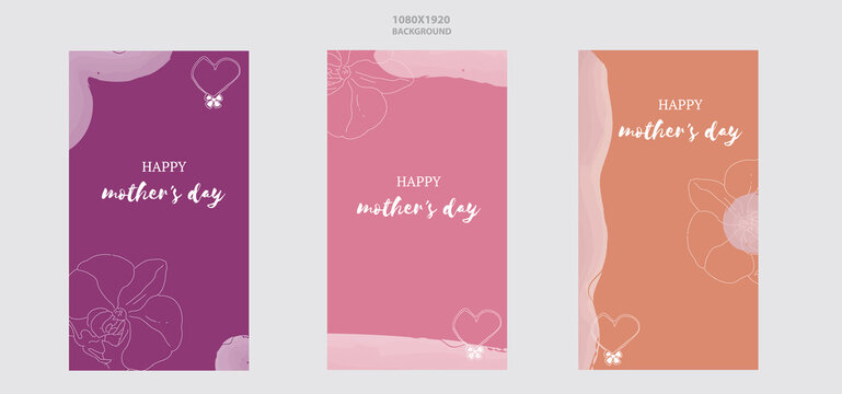 Vertical background collection in pink and beige tones with paintings and line drawing of flower and heart. Illustration for happy mother's day or women's events.
