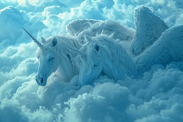 mythical pegasus and unicorn resting among fluffy clouds in a serene sky
