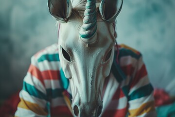 mysterious figure in a unicorn mask with a colorful striped pattern