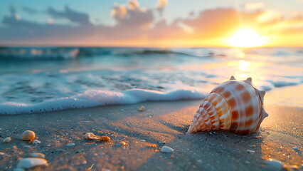 Beautiful seashell on sandy beach at sunrise, closeup. Space for text. generative ai - obrazy, fototapety, plakaty