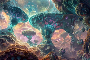 surreal alien ecosystem with organic formations and floating luminescent orbs