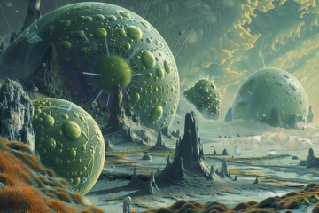 alien landscape with cell-like celestial bodies in an otherworldly ecosystem - obrazy, fototapety, plakaty