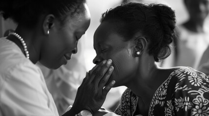 A black and white photo of a midwife tenderly wiping away the tears of an emotional new mother who is overcome with joy and relief as she holds her newborn for the first time. The . - obrazy, fototapety, plakaty