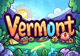 Cartoon-styled Vermont camping scene with tents, picnic basket, and mountain background for family travel and outdoor activity guides