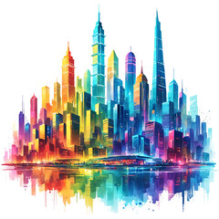 A city skyline with many tall buildings, such as skyscrapers, in a colorful and vibrant cityscape.