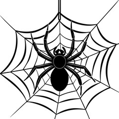Obraz premium spider on web, black spider on web silhouette vector illustration,icon,svg,spider characters,Holiday t shirt,Hand drawn trendy Vector illustration,web on a white background
