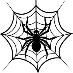 Obraz premium spider on web, black spider on web silhouette vector illustration,icon,svg,spider characters,Holiday t shirt,Hand drawn trendy Vector illustration,web on a white background