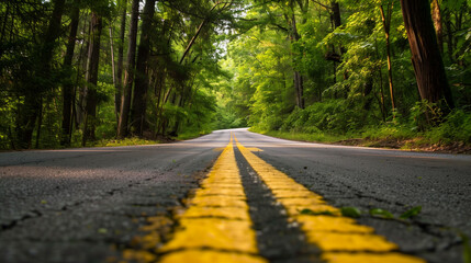 low and view of beautiful road in green landscape, wallpaper, background 