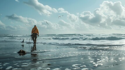 A surveyor walks along a quiet beach carefully measuring the coastline as seagulls soar overhead and crashing waves provide a calming soundtrack. . - obrazy, fototapety, plakaty